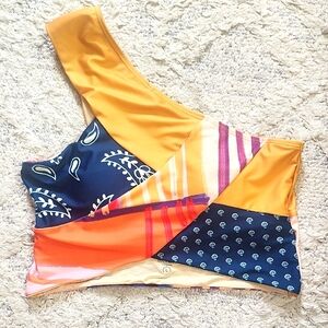 Nani Swimwear Womens One Shoulder Patchwork Crop Swimsuit Bikini Top Size Large